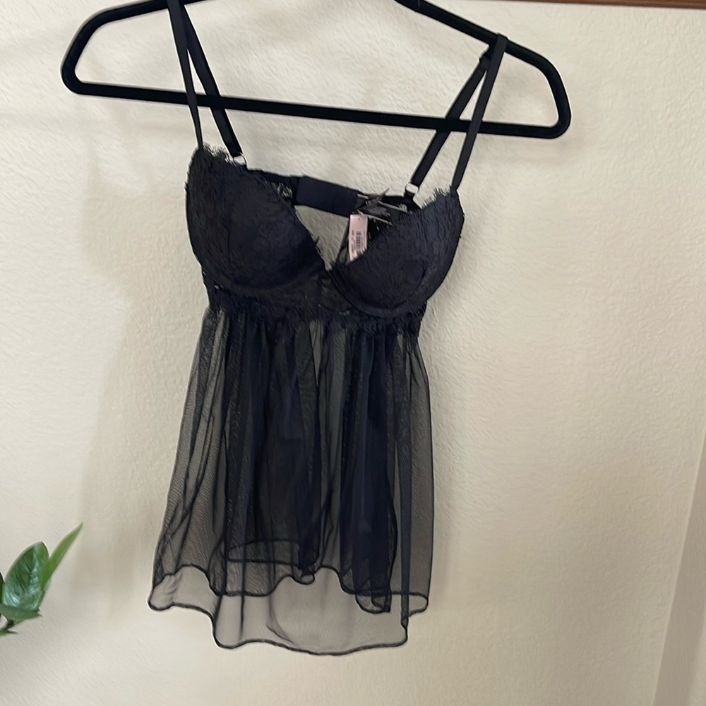 VICTORIA’S SECRET Lace Baby Doll Set Push Up Cami 34C & Thong OS Black